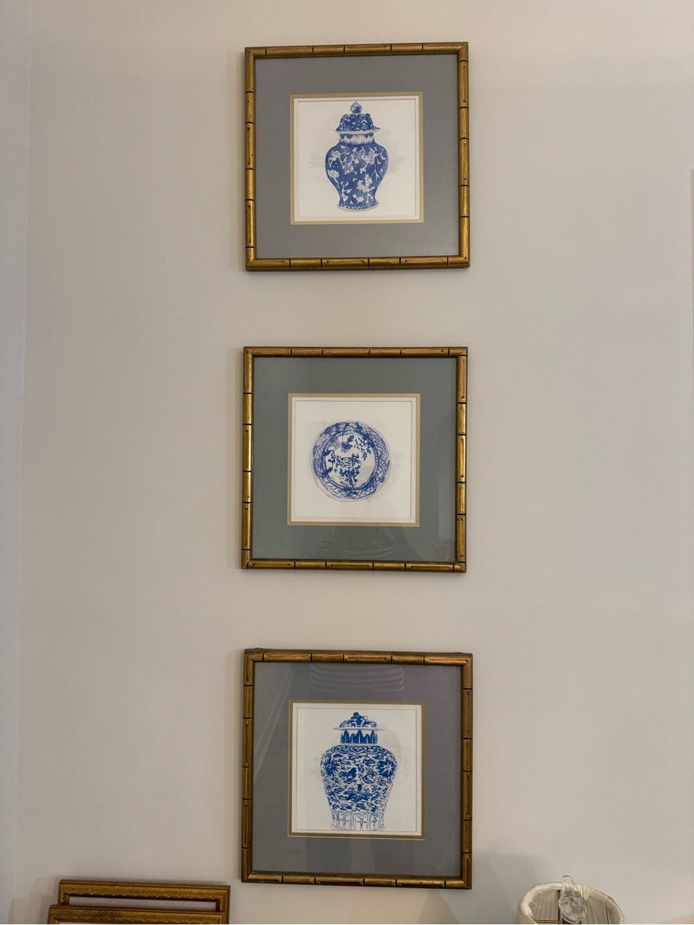 3 Gold Bamboo Framed Matted Chinosiere Blue and White Ginger Jar Prints